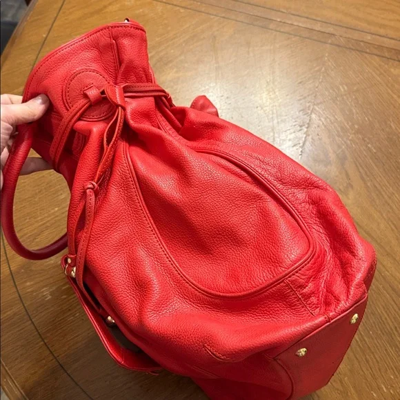 Isaac Mizrahi Live XLG Fire Engine RED 100% Leather Bag Tote Purse gold hardware - Picture 7 of 12